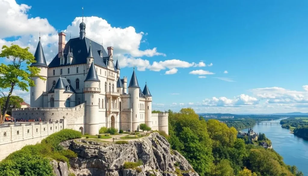 Image of Château Royal d'Amboise perched on a rocky cliff overlooking the Loire River