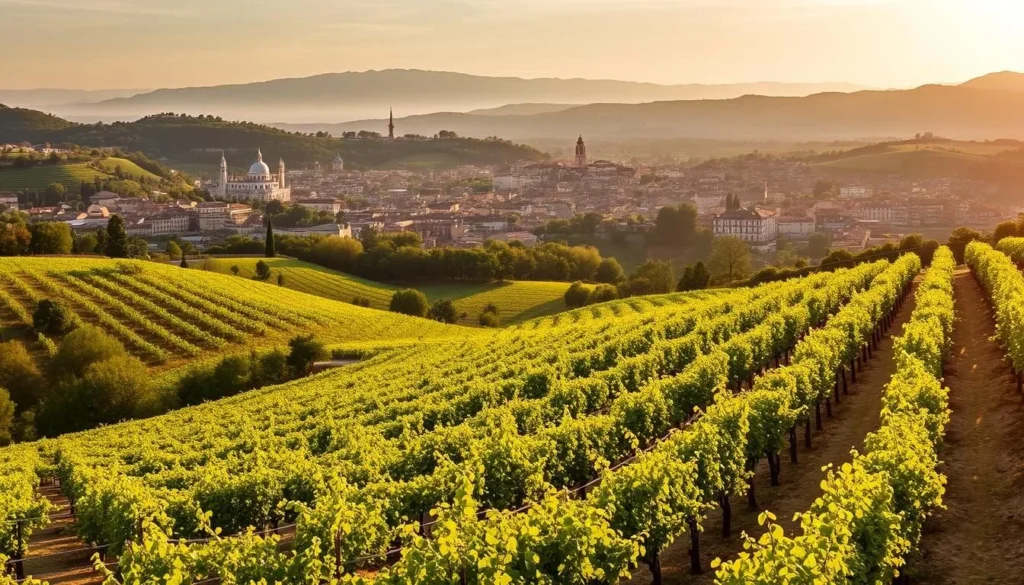 Image of Château la Nerthe's terraced vineyards and the city of Avignon in the background