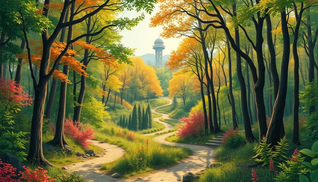 Image of Chestnut Nature Park's lush forest with hiking trails and the Observatory Tower