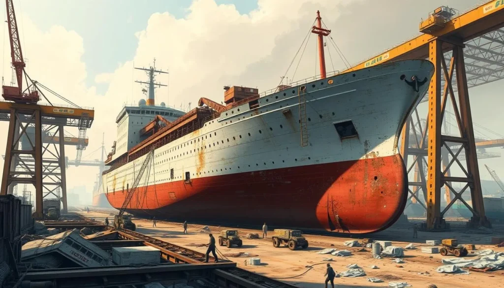 Image of Chittagong Ship Breaking Yard with a large ship being dismantled