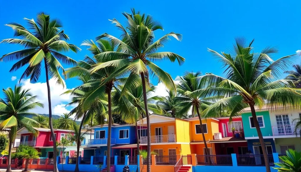 Image of Cocotiers neighborhood with coconut trees and colorful buildings