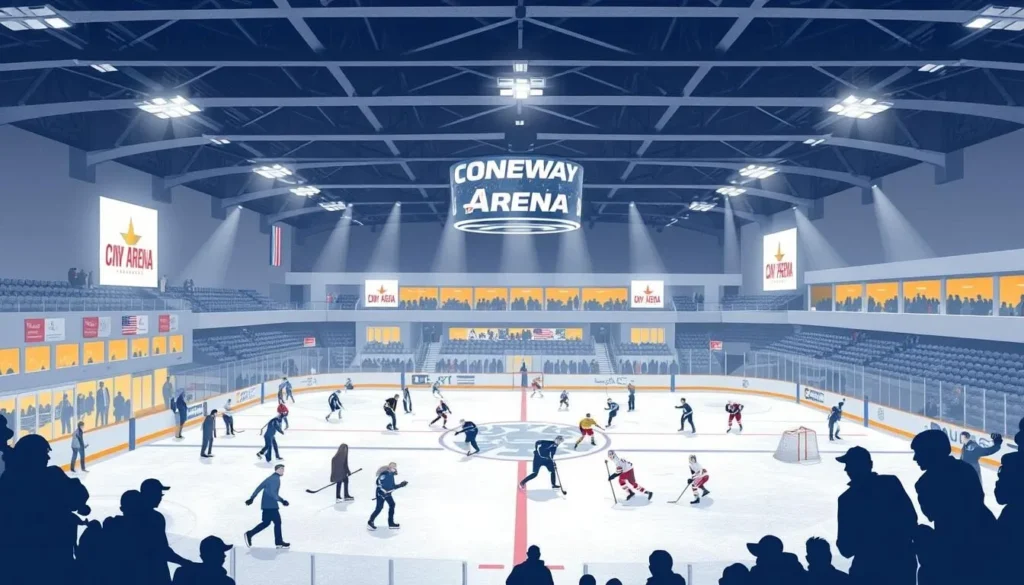 Image of Conway Arena in Nashua, NH, with ice skaters and hockey players in action