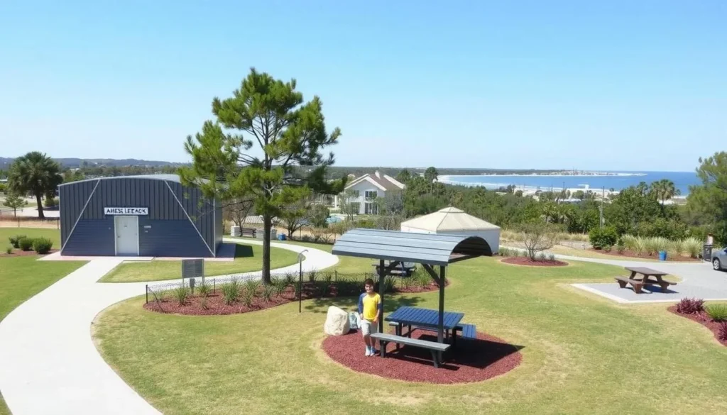 Image of Crystal Beach and James Lee Park with restrooms and picnic areas