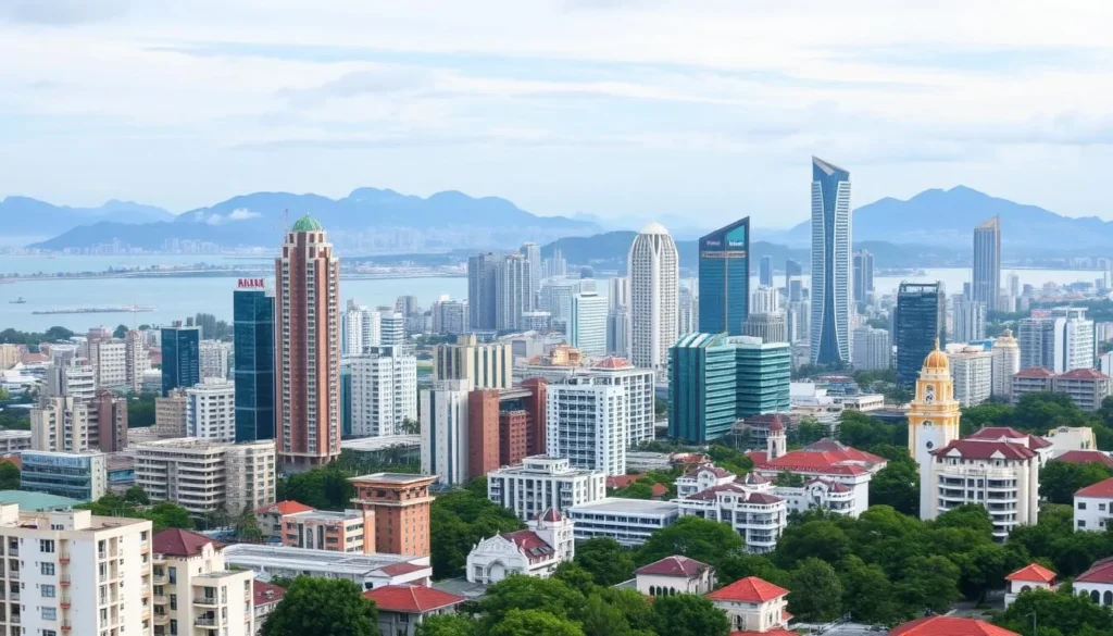 Image of Da Nang cityscape with a mix of modern and traditional architecture, surrounded by mountains and sea.