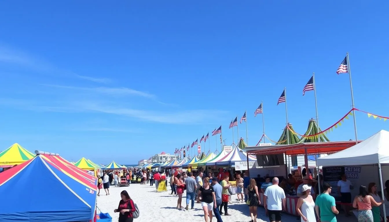 Image of Destin Beach with a festival in the background