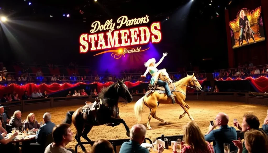 Image of Dolly Parton's Stampede show in Branson, featuring horse riding and audience dining.