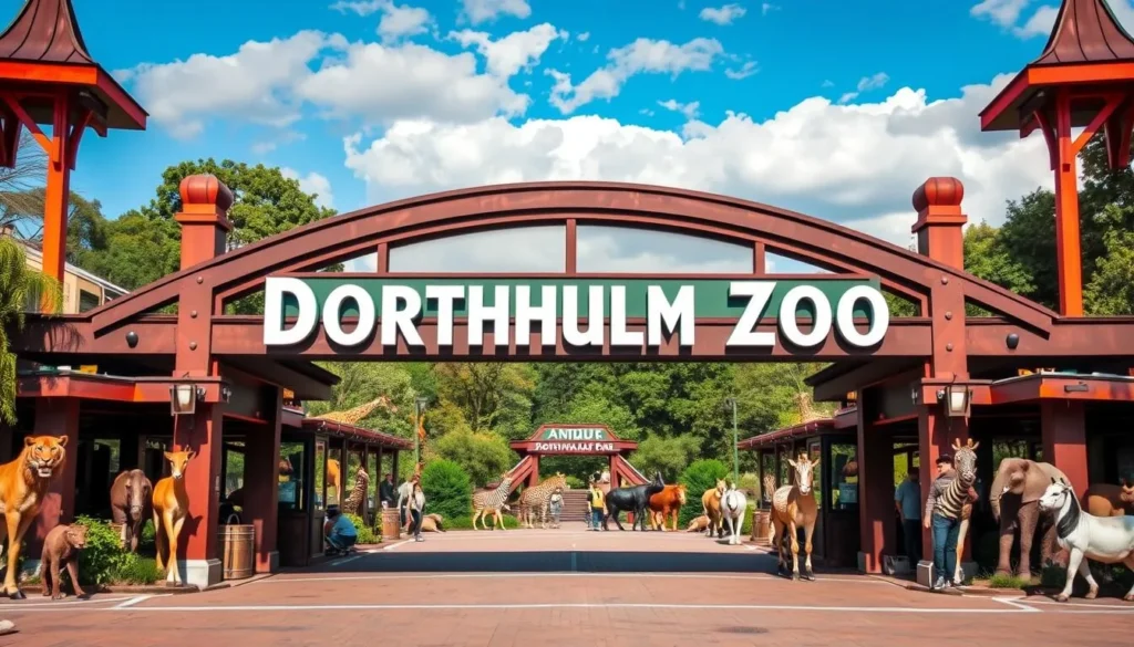 Image of Dortmund Zoo's main entrance with a sign indicating the zoo's name and a variety of animals in the background.