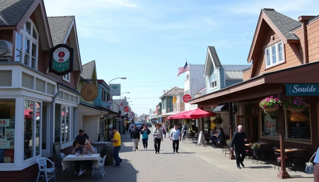 Image of Downtown Seaside, Oregon, showcasing its vibrant shops and restaurants