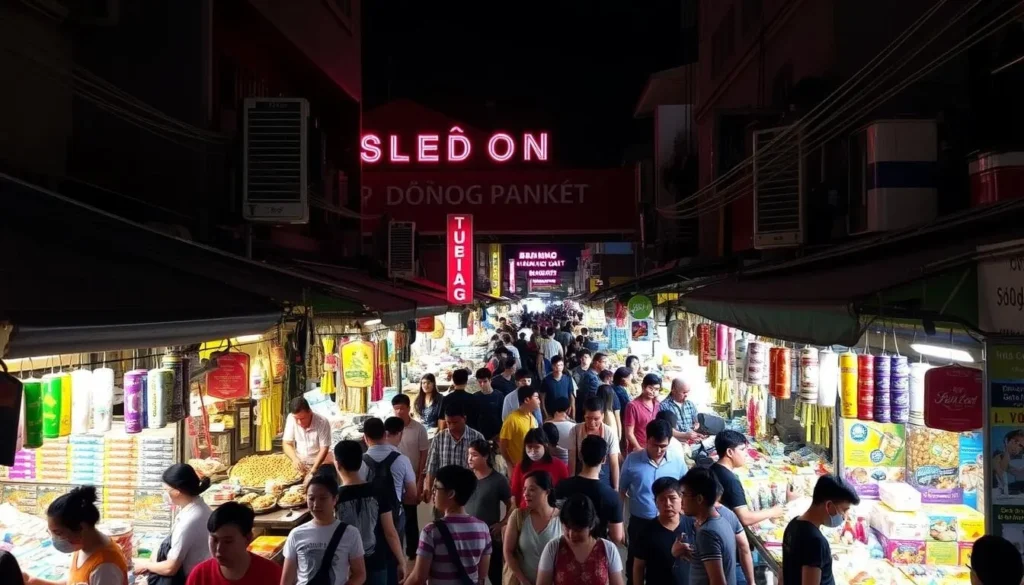 Image of Duong Dong Night Market with vibrant stalls and people browsing