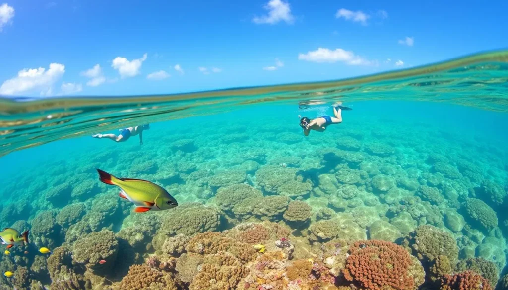 Image of East Beach San Salvador Bahamas with snorkelers exploring the underwater world