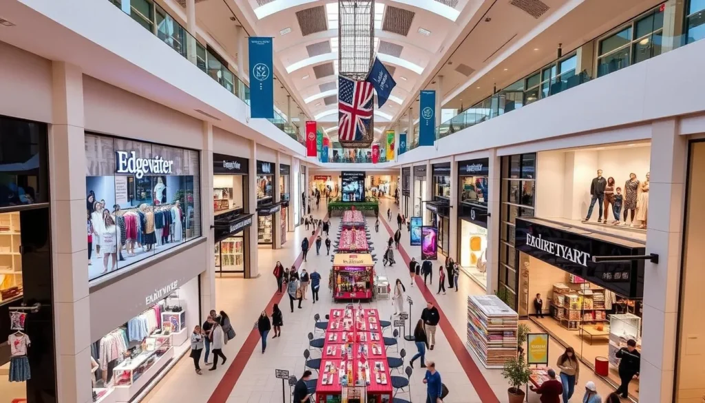 Image of Edgewater Mall's interior with various stores and dining options