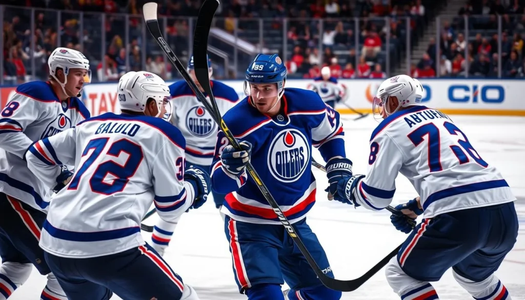 Image of Edmonton Oilers players in action on the ice