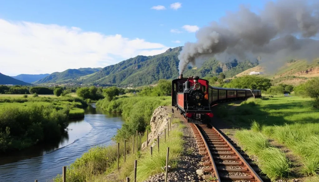 Image of El Valdiviano steam train chugging along the Calle Calle River