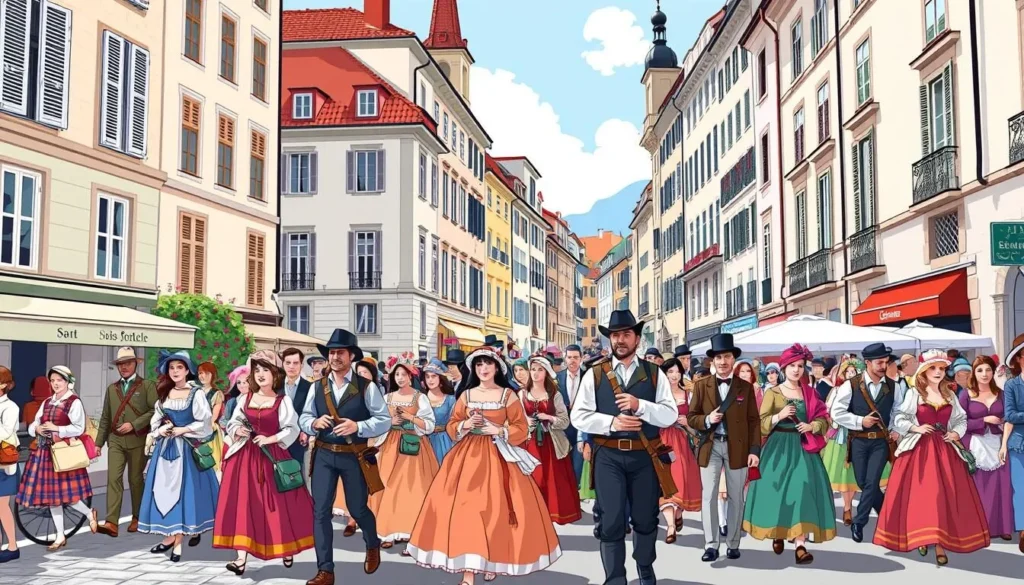 Image of Escalade Festival participants in period costumes marching through Geneva's Old Town