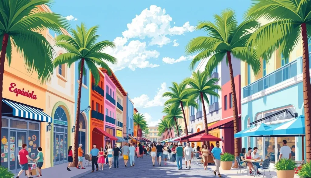 Image of Española Way in Miami Beach, Florida, showcasing its Mediterranean architecture and vibrant cultural atmosphere