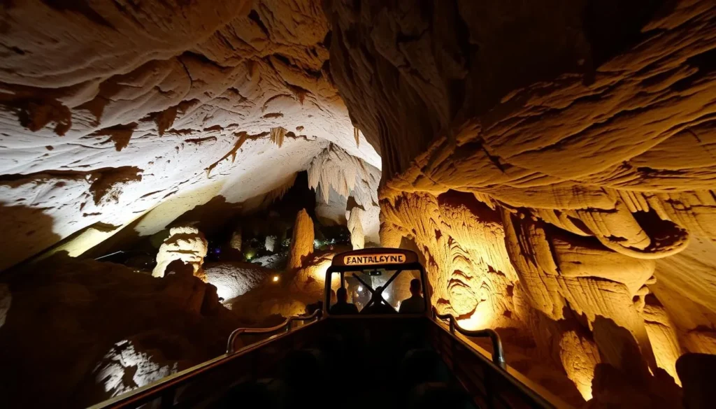 Image of Fantastic Caverns' tram tour navigating through a vast underground cavern.