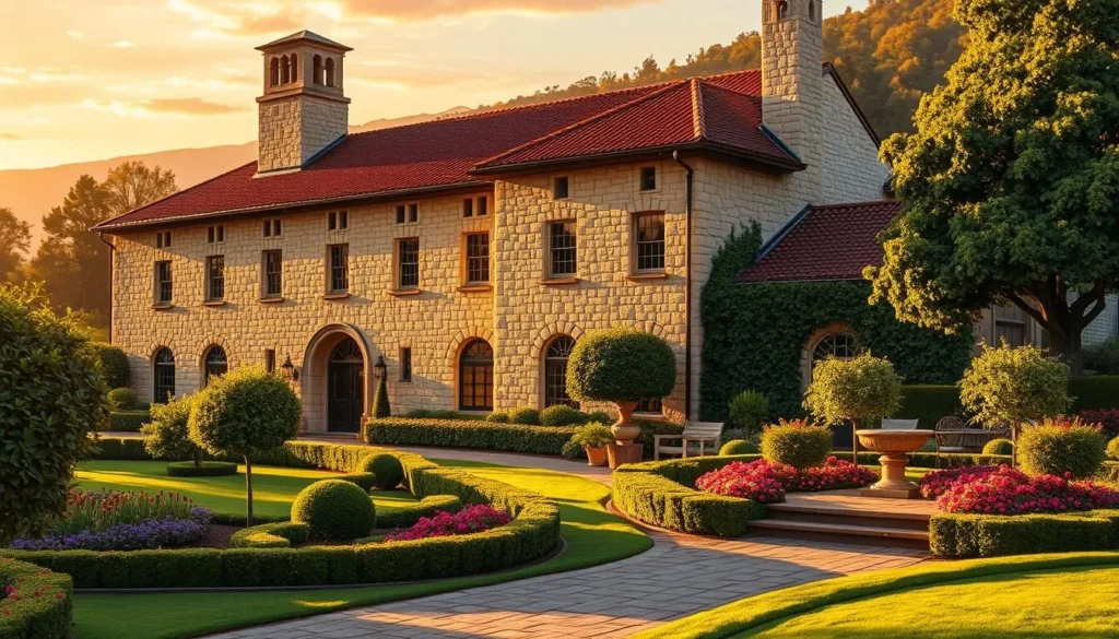 Image of Far Niente Winery's historic stone building and gardens