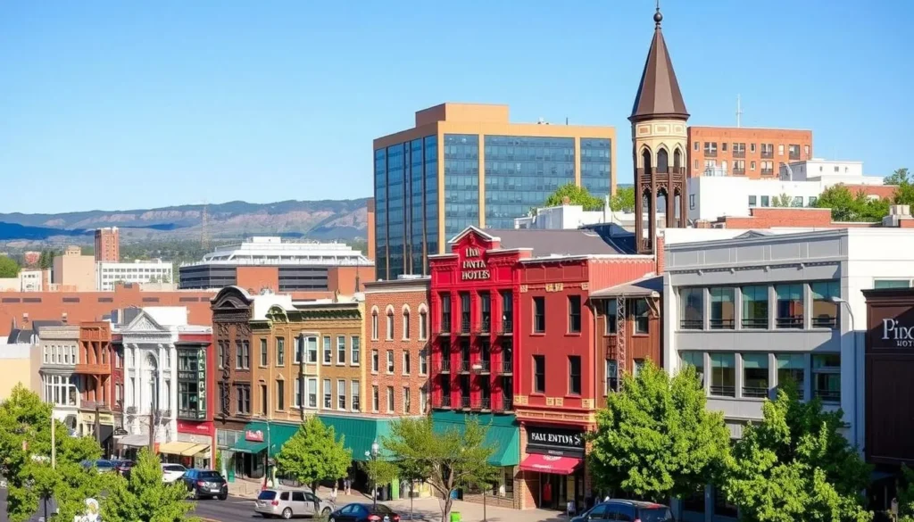 Image of Farmington cityscape with various hotels and accommodations