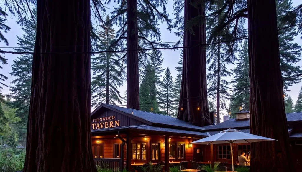 Image of Fernwood Tavern's outdoor seating under redwoods