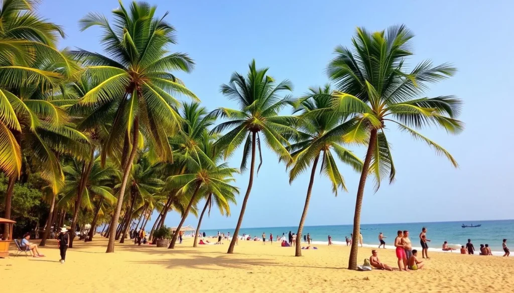 Image of Fidjirosse Beach with palm trees and people enjoying the sun