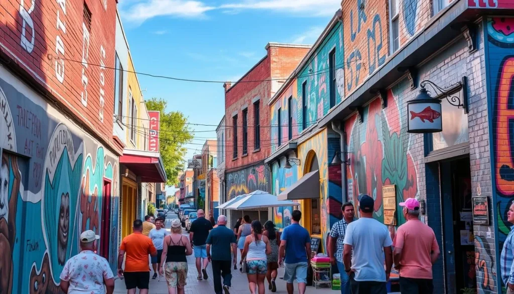 Image of Fishbone Alley in Gulfport, Mississippi, showcasing its vibrant murals and lively atmosphere