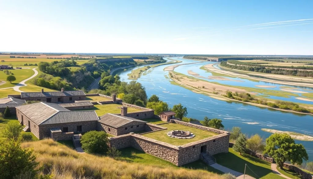 Image of Fort Abraham Lincoln State Park with historical structures and the Missouri River in the background.