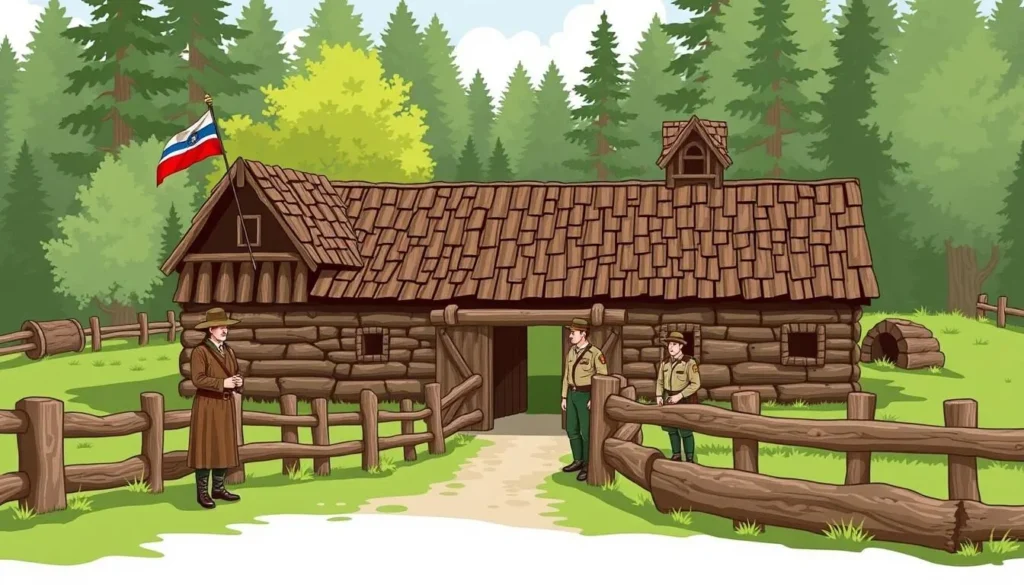 Image of Fort Clatsop replica with park rangers in period costume