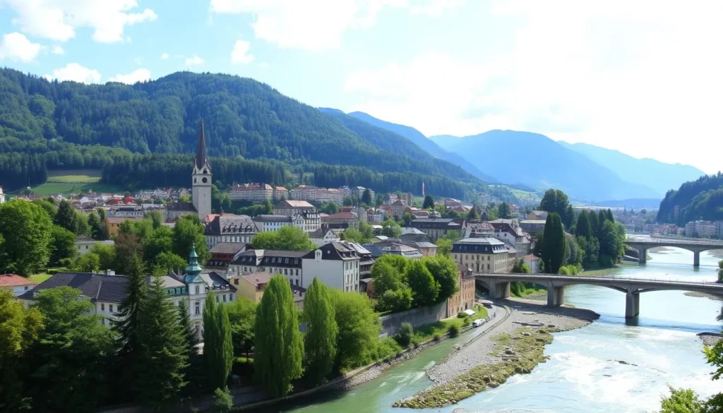 Image of Fribourg surrounded by lush green mountains and a river
