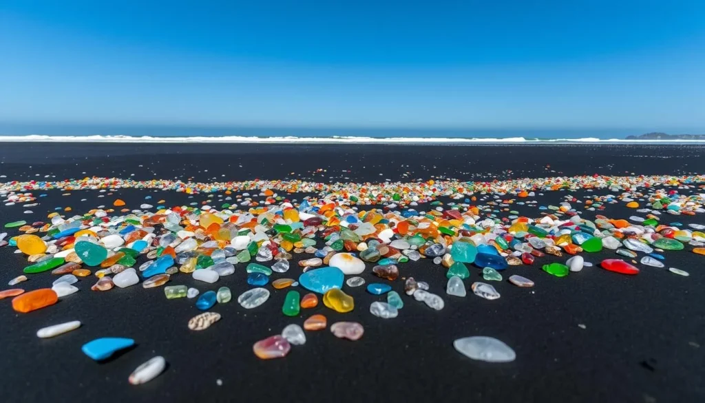 Image of Glass Beach with colorful sea glass and black sand