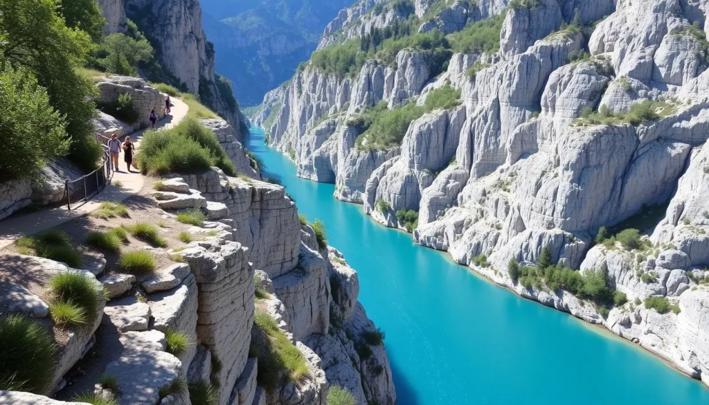 Image of Gorges du Verdon with turquoise waters and hikers on the trail