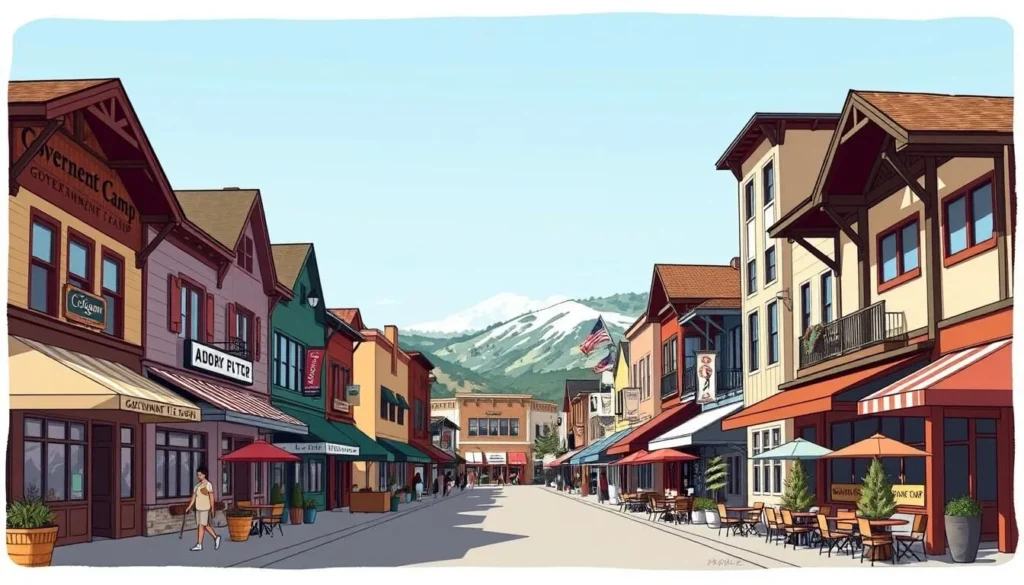 Image of Government Camp main street with various restaurants