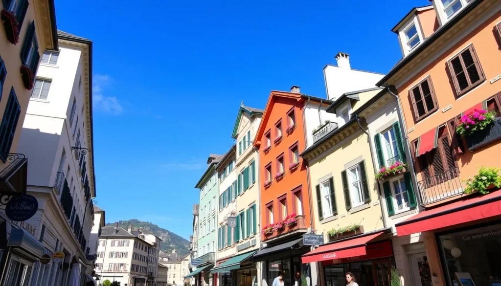 Image of Grand Rue du Pont in Sion, Switzerland, showcasing local shops and traditional Swiss architecture