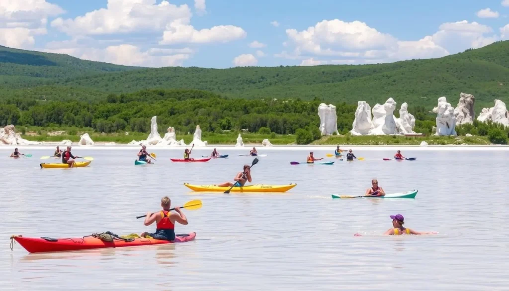 Image of Great Salt Plains Lake with people engaging in various water activities