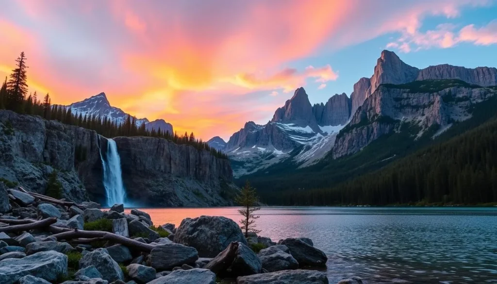 Image of Grizzly Lake with its waterfall and surrounding granite peaks