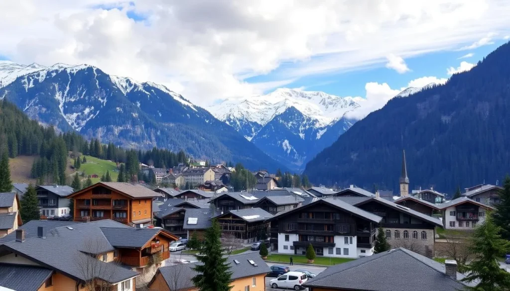 Image of Gstaad nestled in the Swiss Alps with traditional chalet architecture