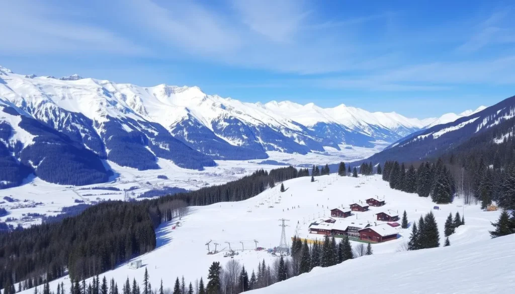 Image of Gstaad's ski slopes with snow-covered mountains