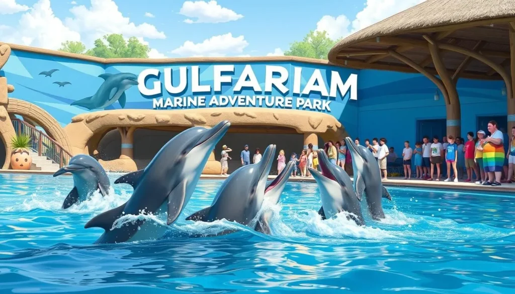 Image of Gulfarium Marine Adventure Park with dolphins and visitors interacting