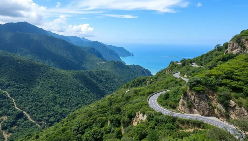 Image of Hai Van Pass with winding road and coastal views
