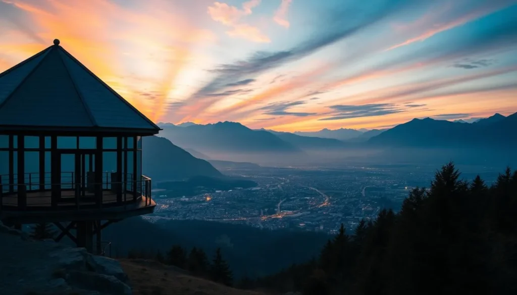 Image of Haldenhüttli observation deck during sunset with Chur in the background