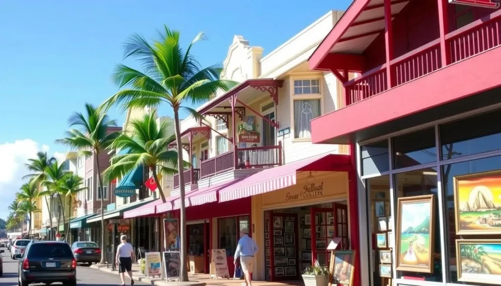 Image of Haleiwa Town's main street with shops and art galleries