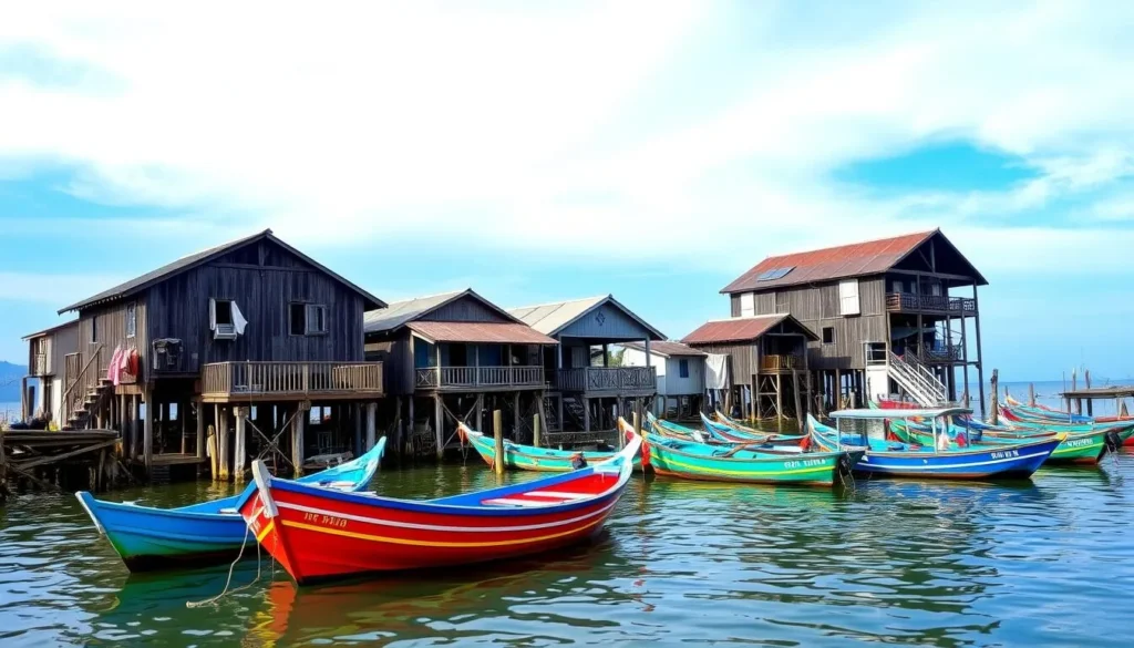 Image of Ham Ninh Fishing Village with colorful fishing boats and stilt houses