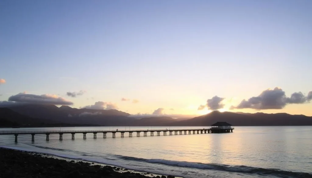 Image of Hanalei Bay with its iconic pier and stunning mountain backdrop