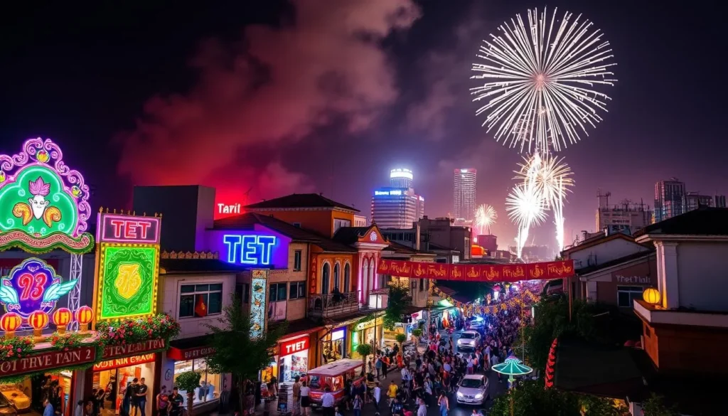 Image of Hanoi's cityscape during Tet with vibrant decorations and fireworks