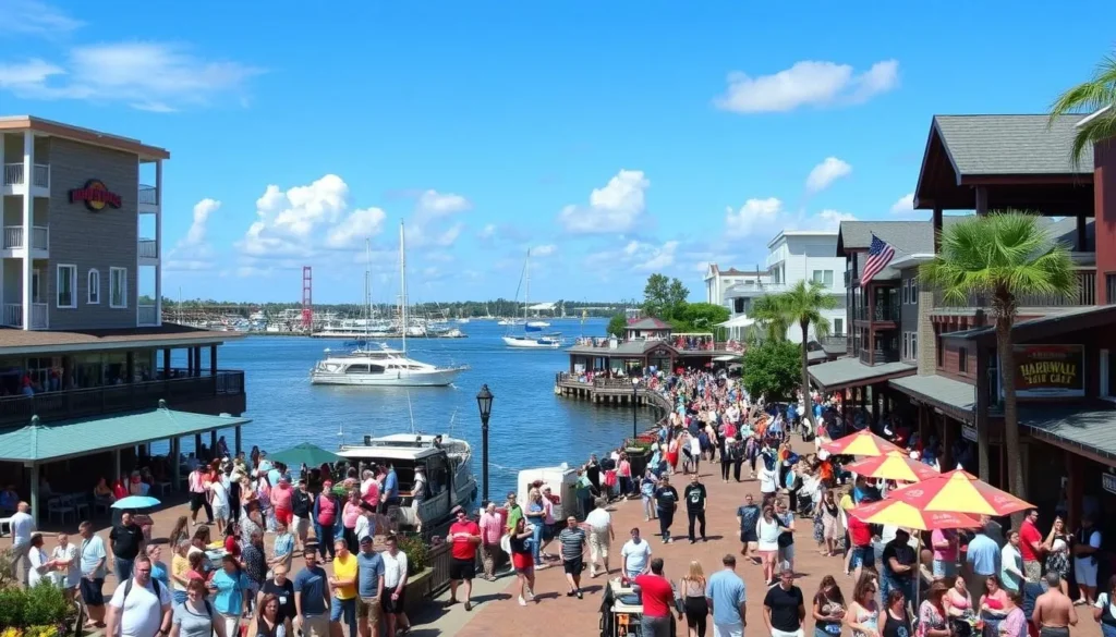 Image of HarborWalk Village with waterfront views and bustling activity