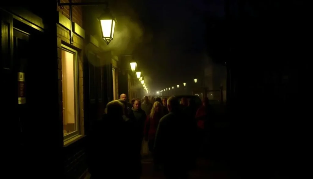 Image of Haunted Hannibal Ghost Tour participants walking through a dimly lit street.