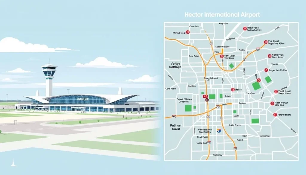 Image of Hector International Airport or a map showing transportation options to Fargo