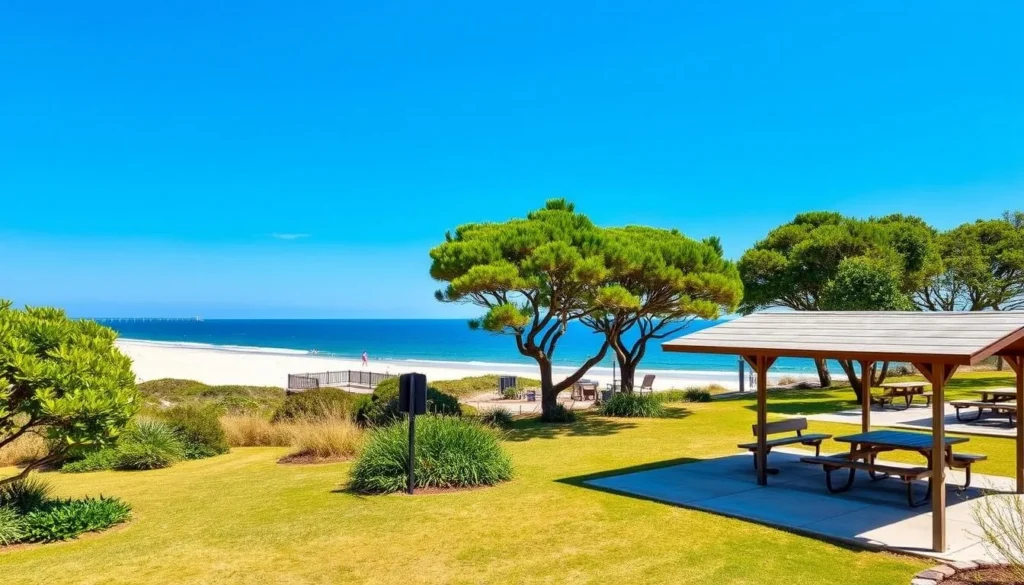 Image of Henderson Beach State Park with pristine shoreline and picnic pavilions