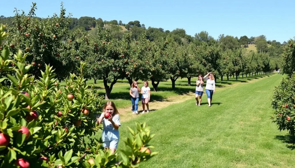 Image of Hidden Hills Orchard with apple trees and visitors picking apples