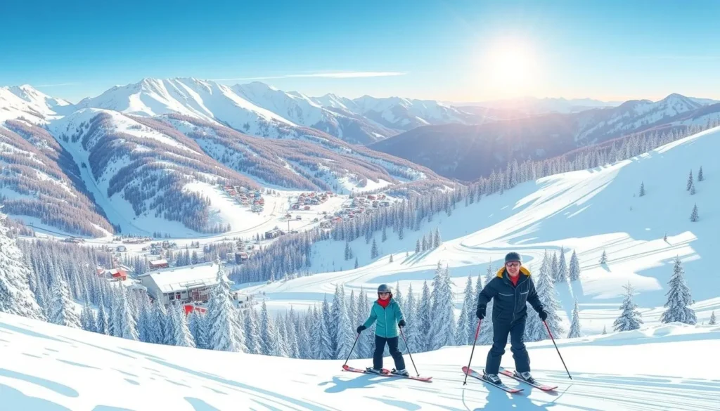 Image of Hidden Valley Ski Resort with snow-covered slopes and happy skiers
