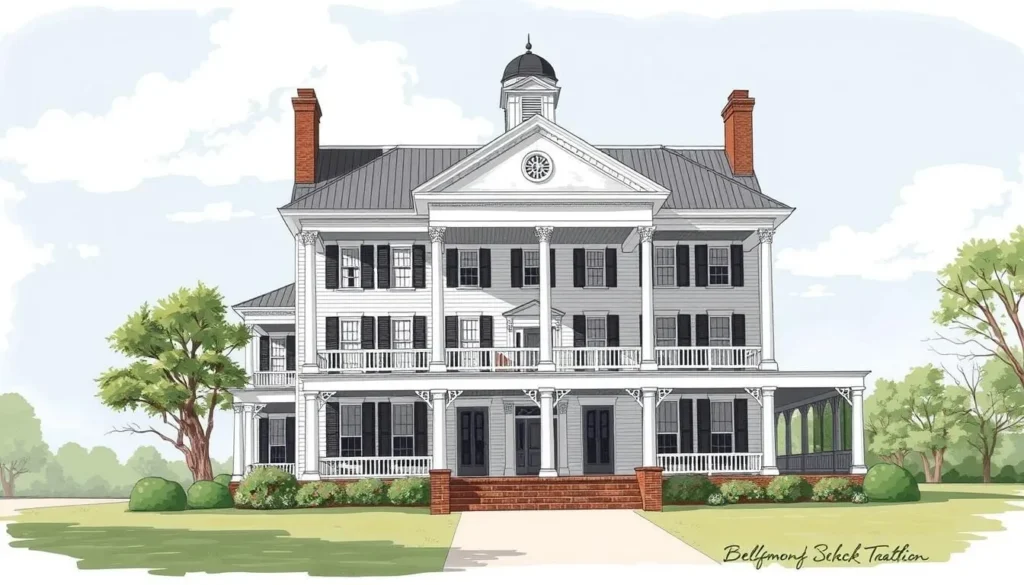 Image of Historic Belmont Plantation's grand facade and screened porch